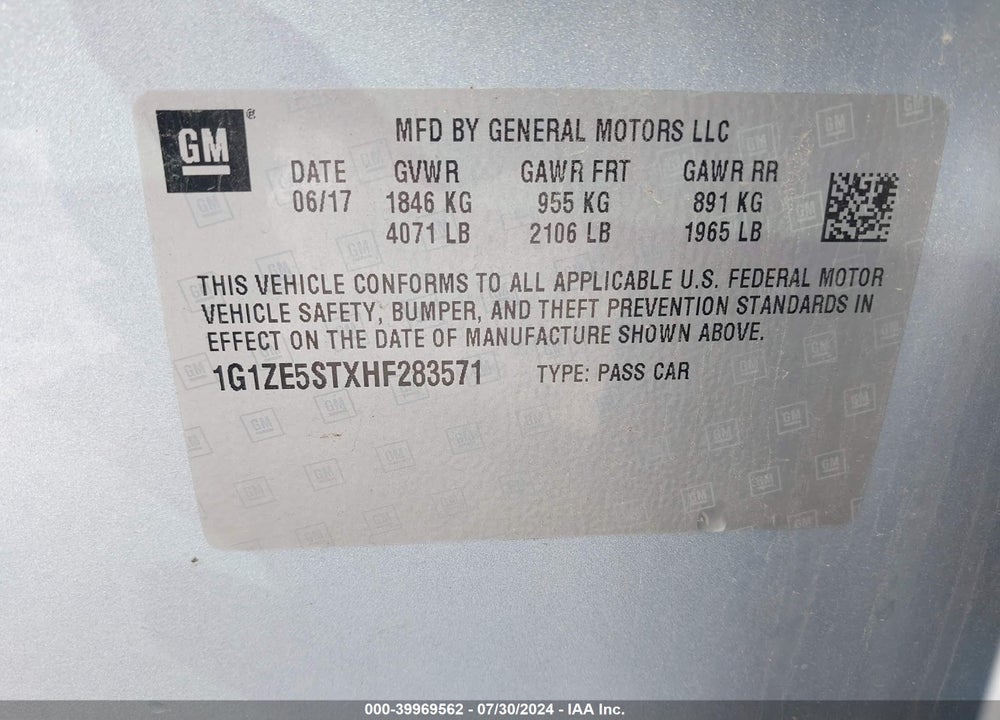2017 CHEVROLET MALIBU 1LT VIN: 1G1ZE5STXHF283571