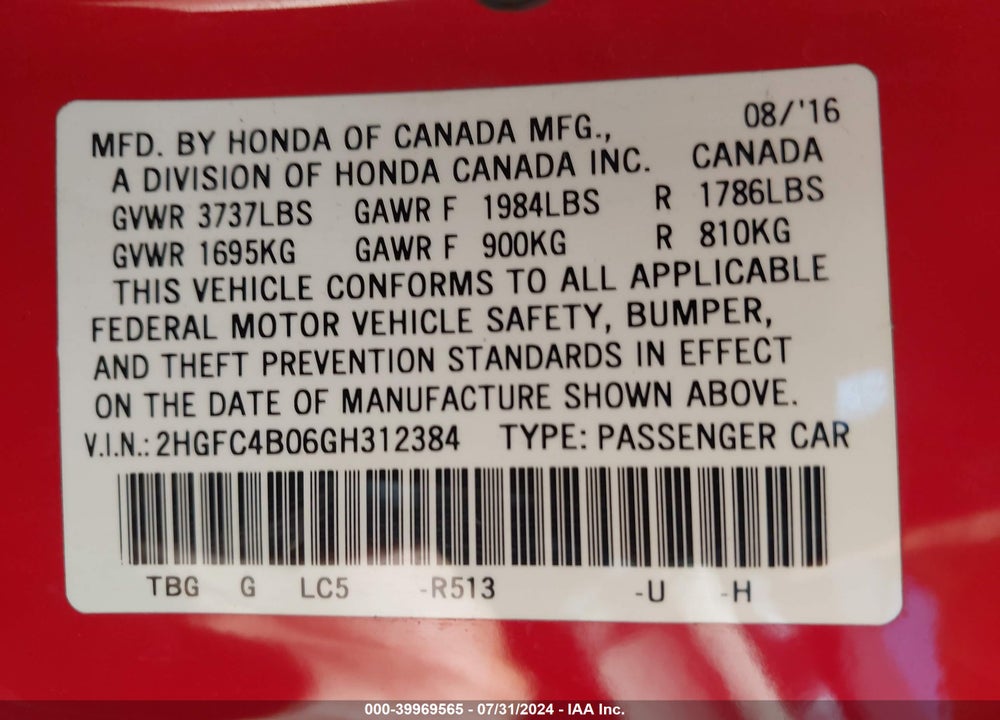 2016 HONDA CIVIC LX-P VIN: 2HGFC4B06GH312384