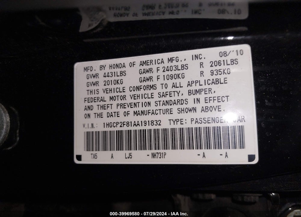 2010 HONDA ACCORD SDN 2.4 EX-L/EX-L VIN: 1HGCP2F81AA191832
