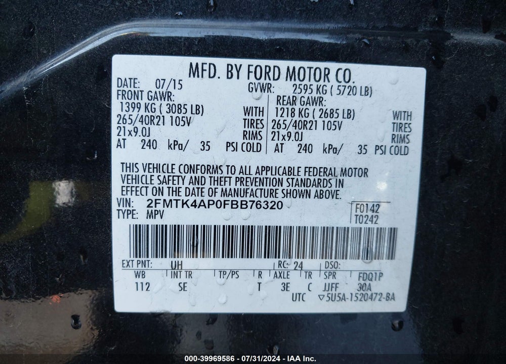 2015 FORD EDGE SPORT VIN: 2FMTK4AP0FBB76320