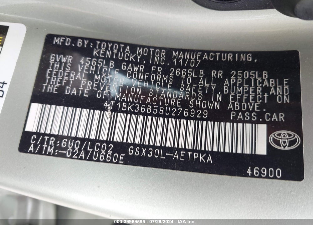 2008 TOYOTA AVALON LIMITED VIN: 4T1BK36B58U276929
