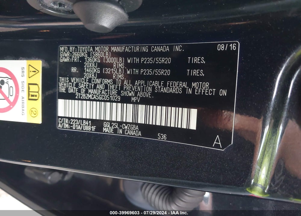 2016 LEXUS RX 350 VIN: 2T2BZMCA5GC051029
