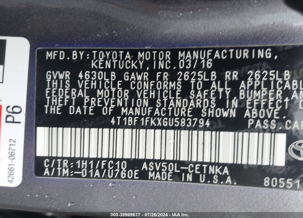 2016 TOYOTA CAMRY LE VIN: 4T1BF1FKXGU583794