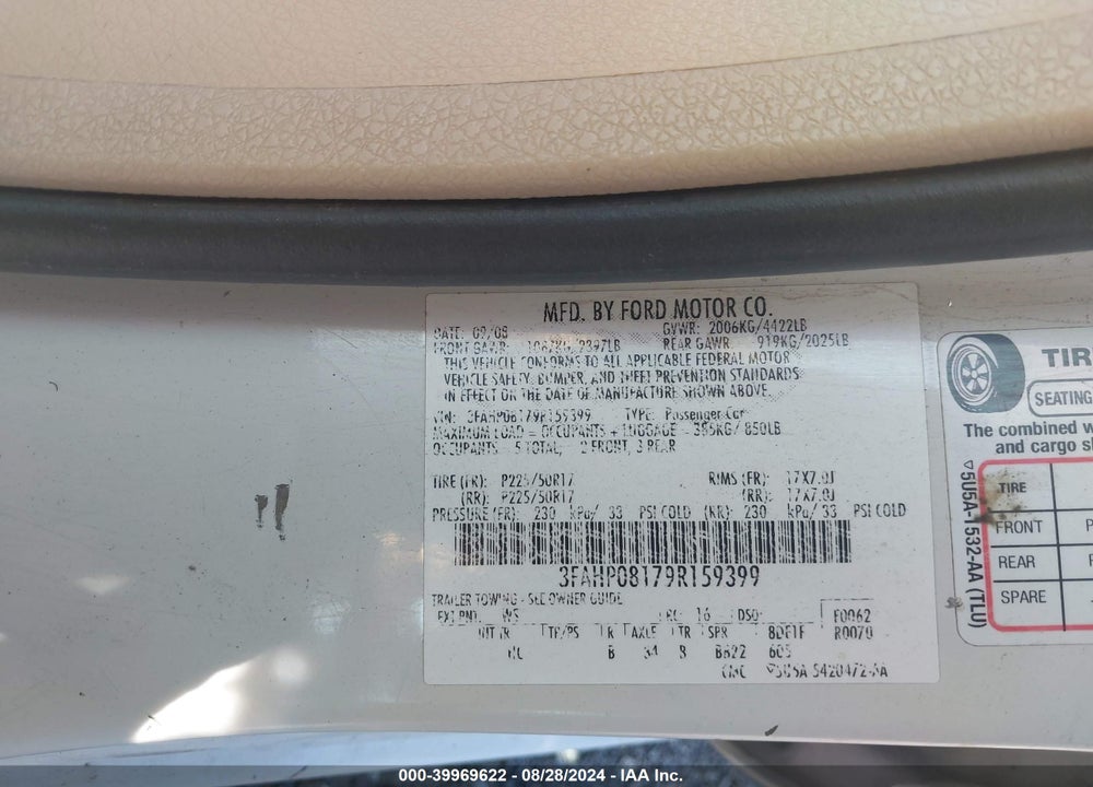 2009 FORD FUSION VIN: 3FAHP08179R159399