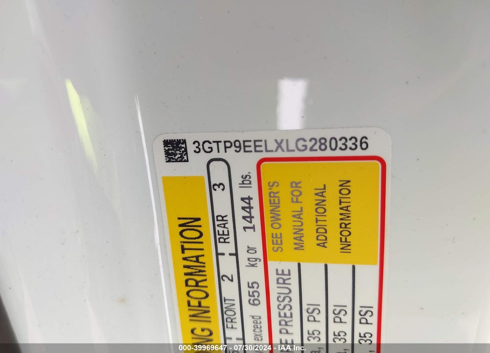 2020 GMC SIERRA 1500 VIN: 3GTP9EELXLG280336