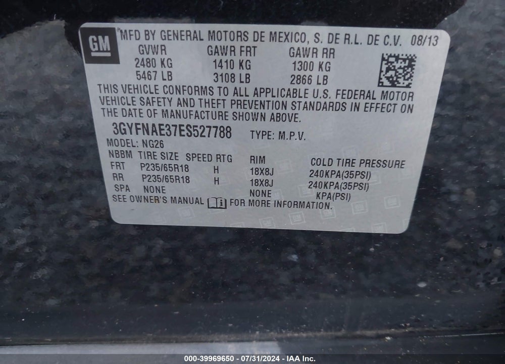 2014 CADILLAC SRX STANDARD VIN: 3GYFNAE37ES527788