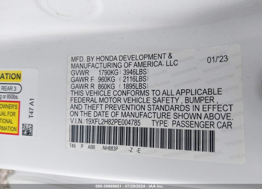 2023 HONDA CIVIC SPORT VIN: 19XFL2H82PE004785