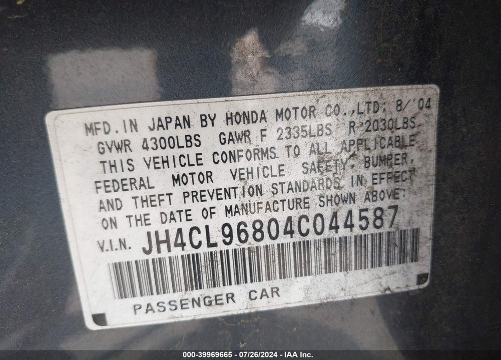 2004 ACURA TSX VIN: JH4CL96804C044587
