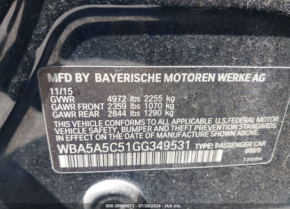 2016 BMW 528I VIN: WBA5A5C51GG349531