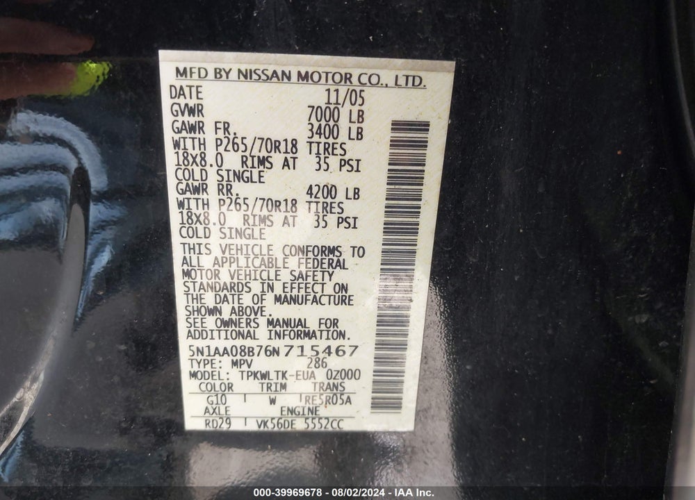 2006 NISSAN ARMADA SE VIN: 5N1AA08B76N715467