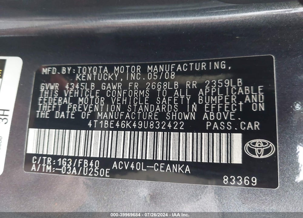 2009 TOYOTA CAMRY LE VIN: 4T1BE46K49U832422