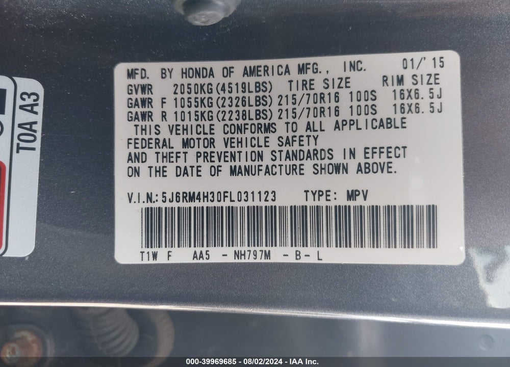 2015 HONDA CR-V LX VIN: 5J6RM4H30FL031123