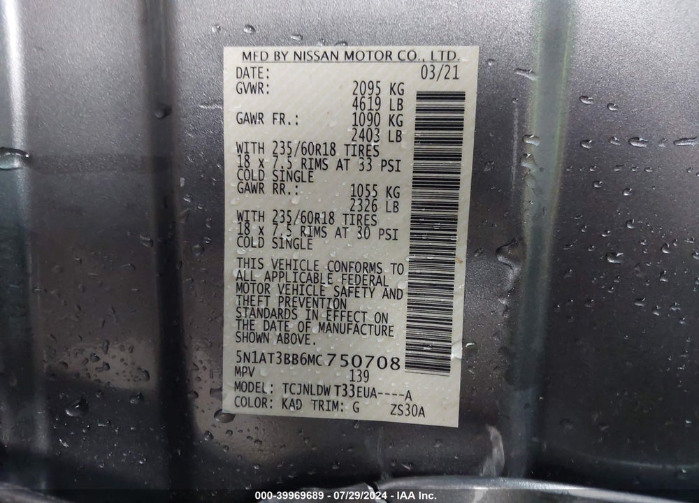 2021 NISSAN ROGUE SV INTELLIGENT AWD VIN: 5N1AT3BB6MC750708