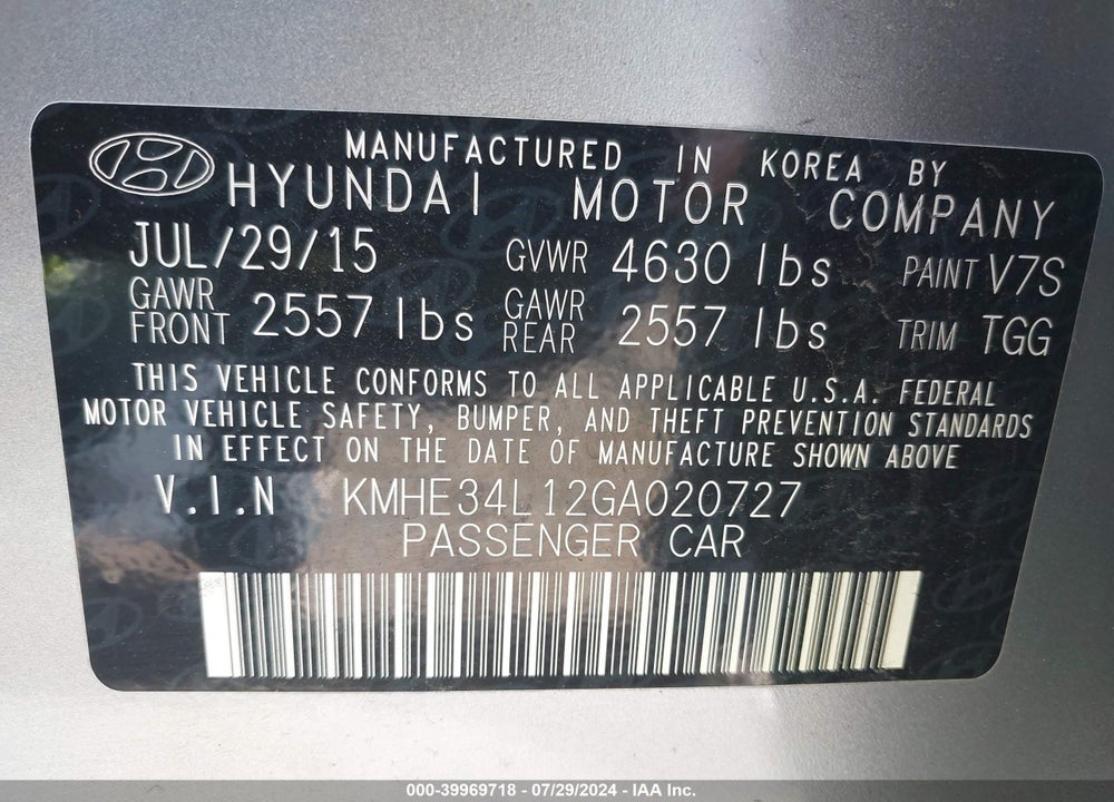 2016 HYUNDAI SONATA HYBRID LIMITED VIN: KMHE34L12GA020727