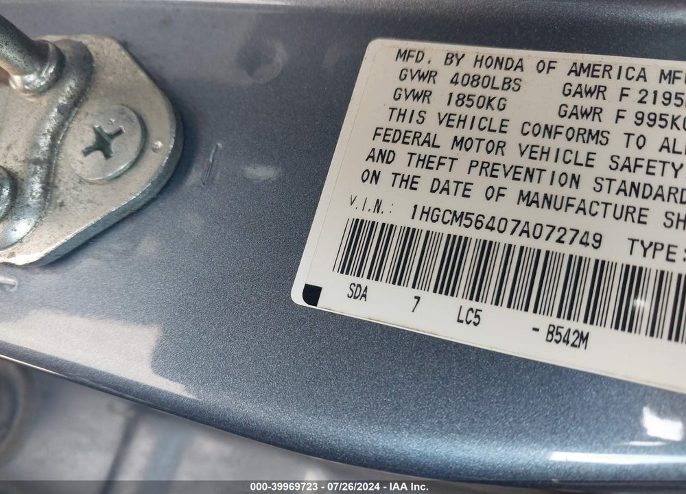 2007 HONDA ACCORD 2.4 LX VIN: 1HGCM56407A072749