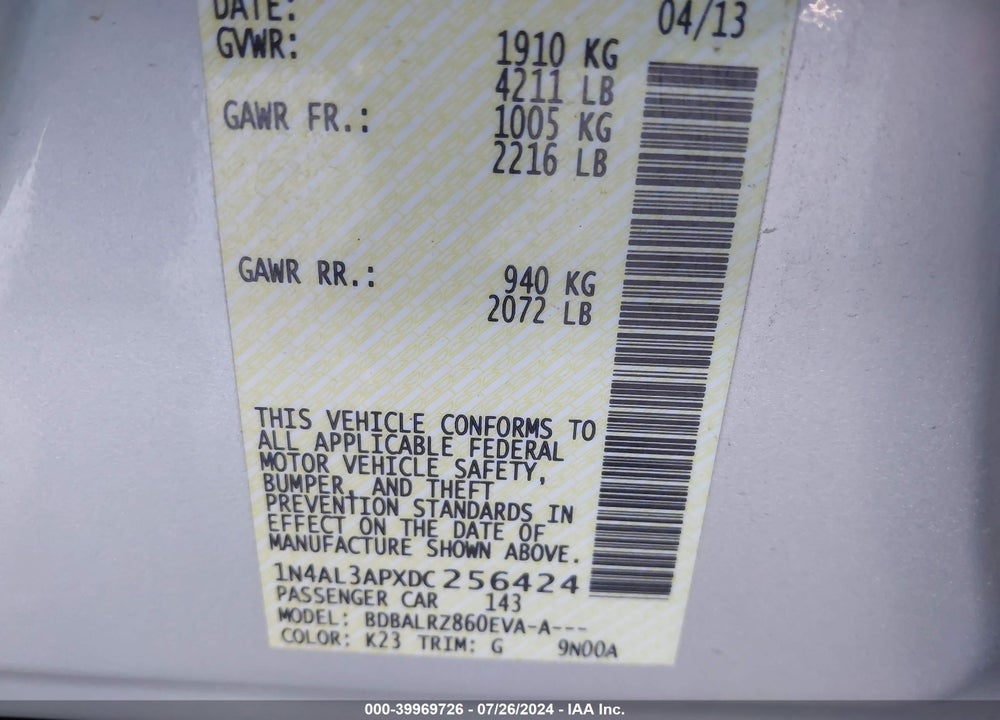 2013 NISSAN ALTIMA 2.5 S VIN: 1N4AL3APXDC256424