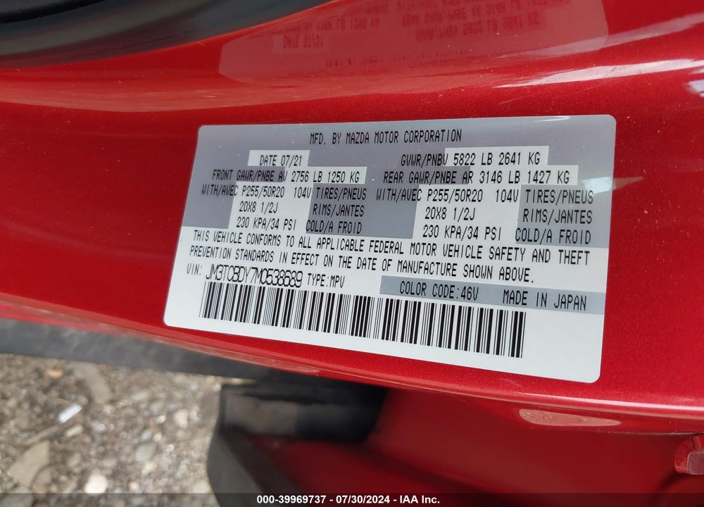 2021 MAZDA CX-9 GRAND TOURING VIN: JM3TCBDY7M0538689