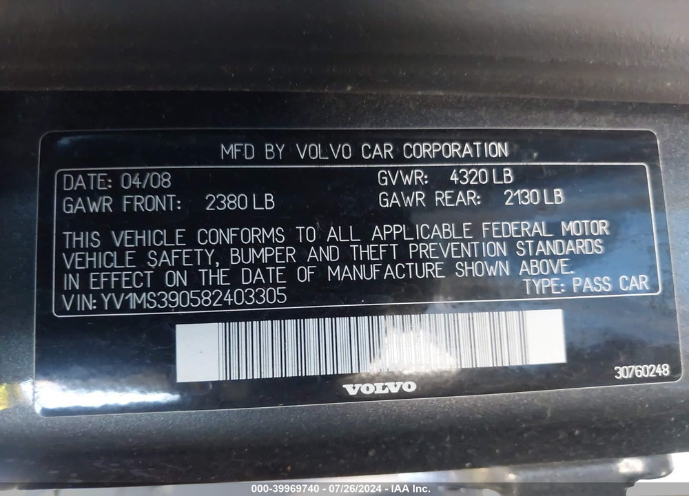 2008 VOLVO S40 2.4I VIN: YV1MS390582403305