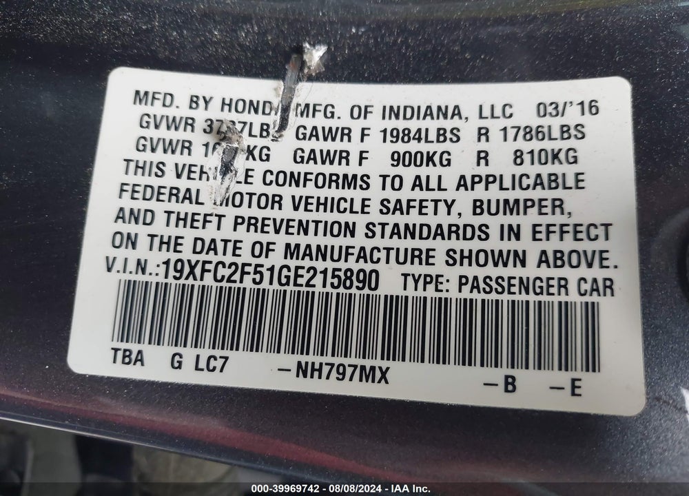 2016 HONDA CIVIC LX VIN: 19XFC2F51GE215890
