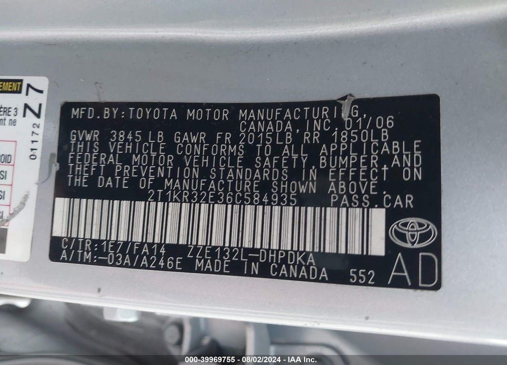 2006 TOYOTA MATRIX VIN: 2T1KR32E36C584935