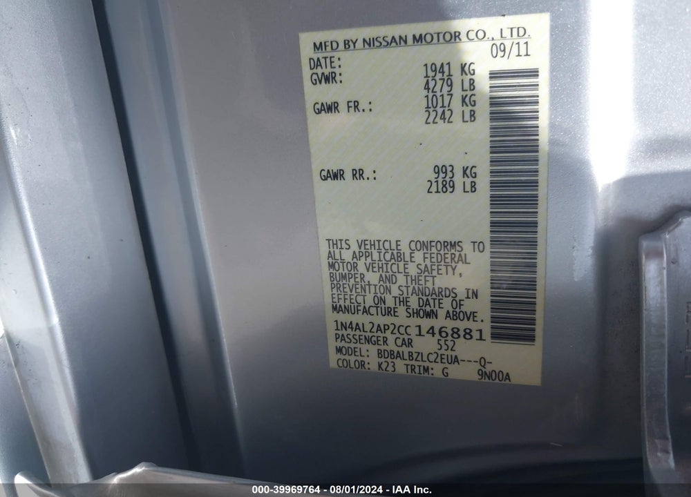 2012 NISSAN ALTIMA 2.5 S VIN: 1N4AL2AP2CC146881