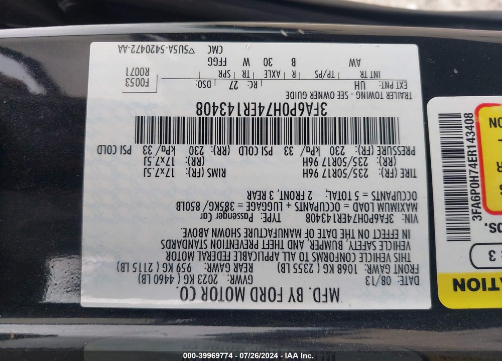 2014 FORD FUSION SE VIN: 3FA6P0H74ER143408