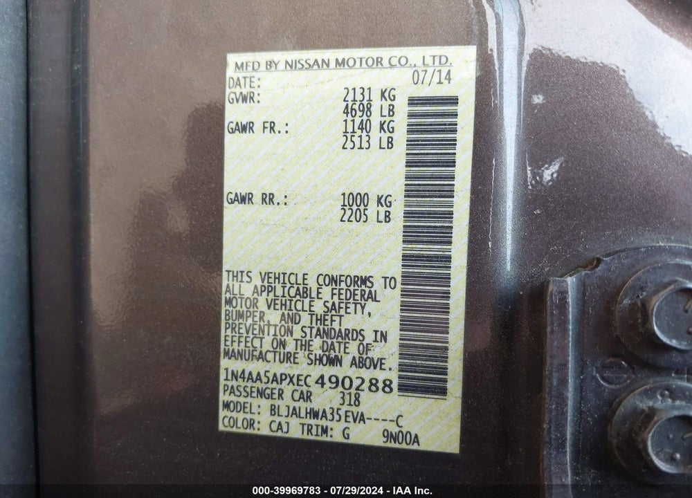 2014 NISSAN MAXIMA 3.5 SV VIN: 1N4AA5APXEC490288