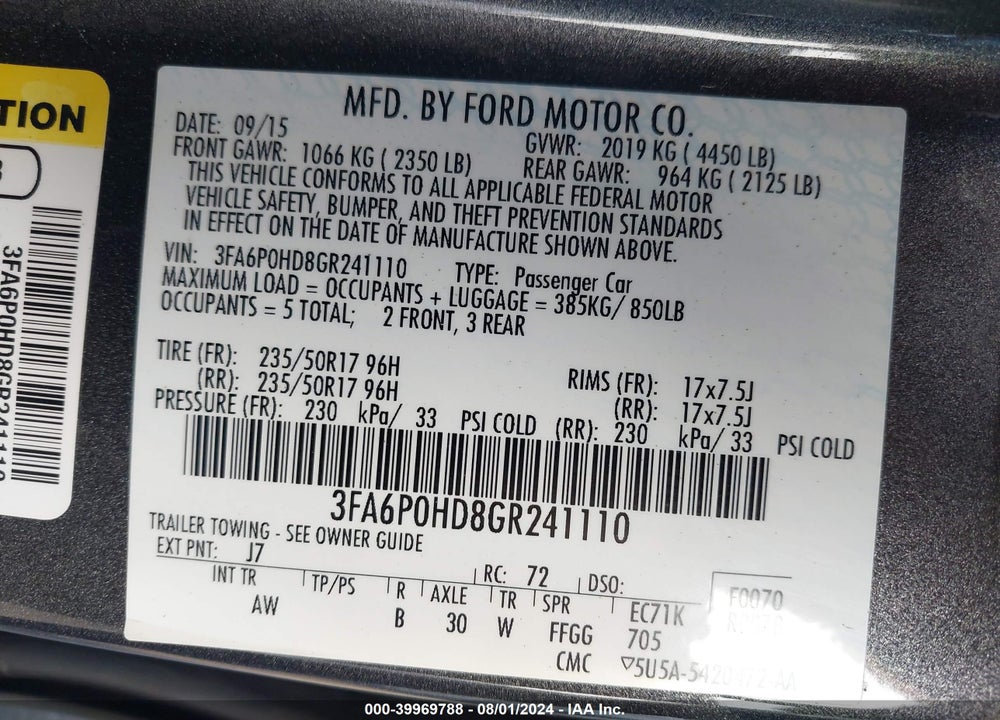 2016 FORD FUSION SE VIN: 3FA6P0HD8GR241110