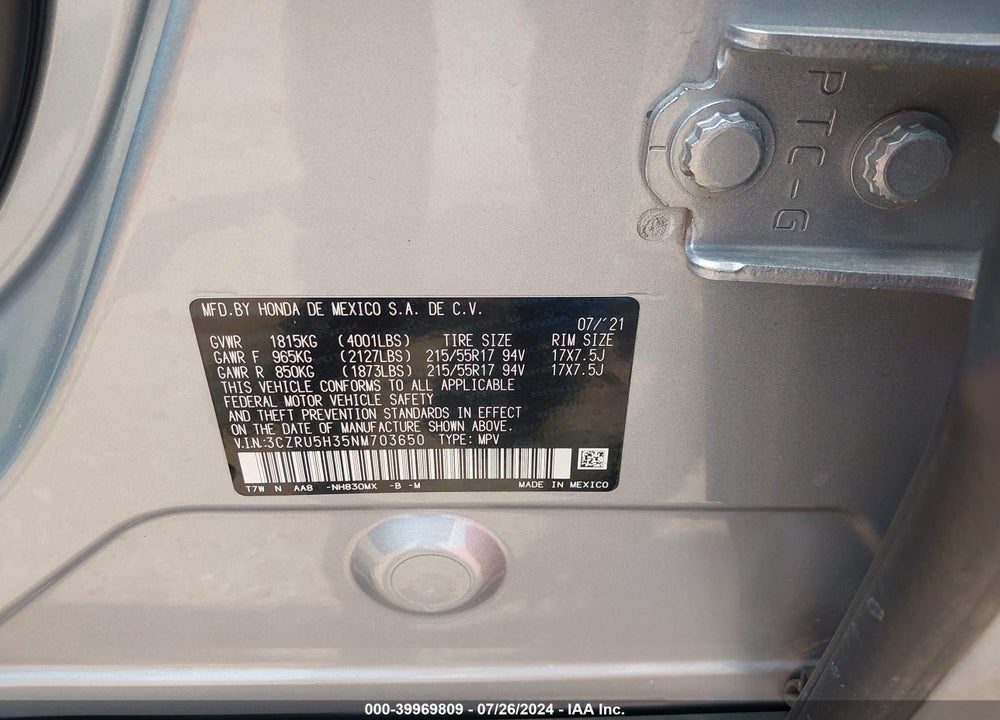 2022 HONDA HR-V 2WD LX VIN: 3CZRU5H35NM703650
