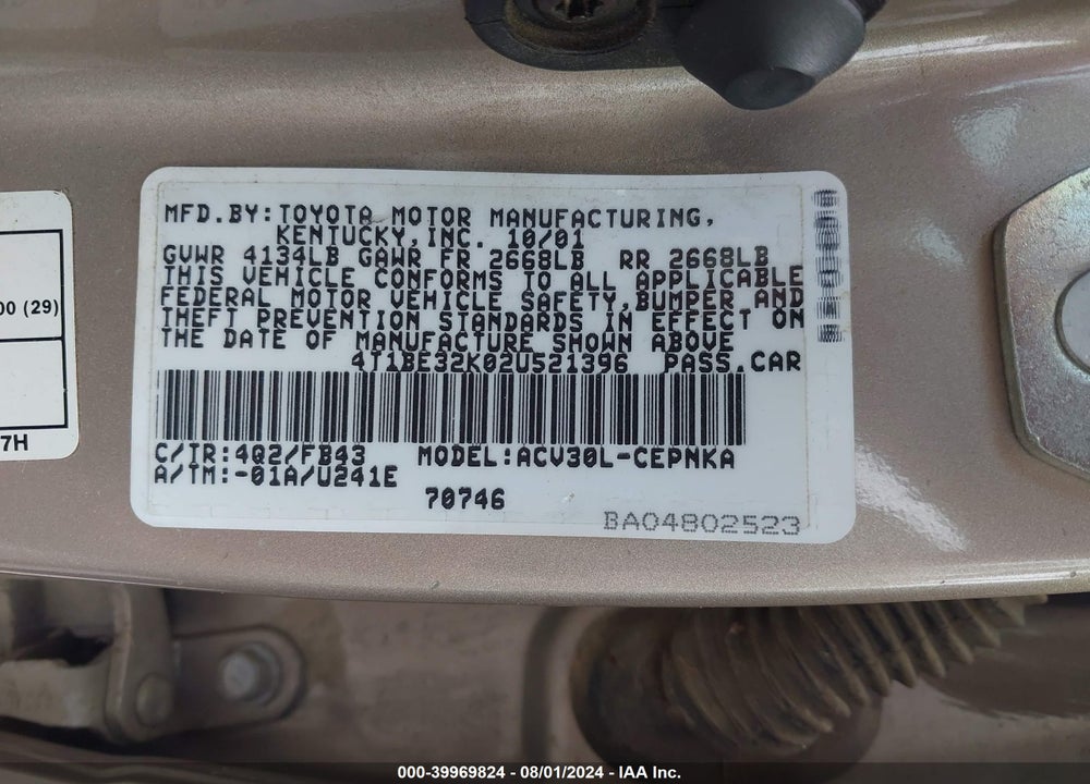 2002 TOYOTA CAMRY LE VIN: 4T1BE32K02U521396