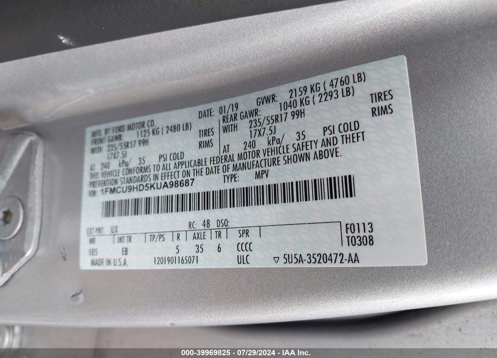 2019 FORD ESCAPE SEL VIN: 1FMCU9HD5KUA98687