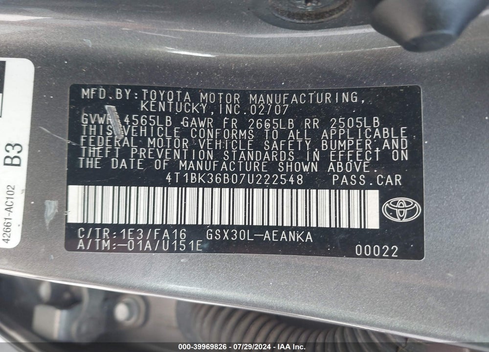 2007 TOYOTA AVALON XL VIN: 4T1BK36B07U222548