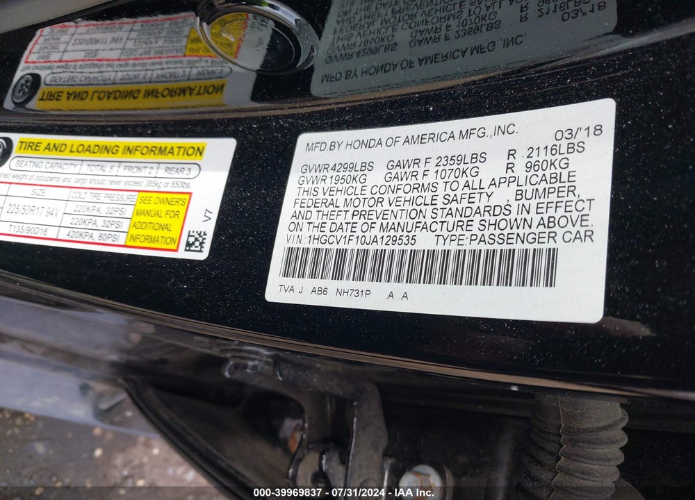 2018 HONDA ACCORD LX VIN: 1HGCV1F10JA129535