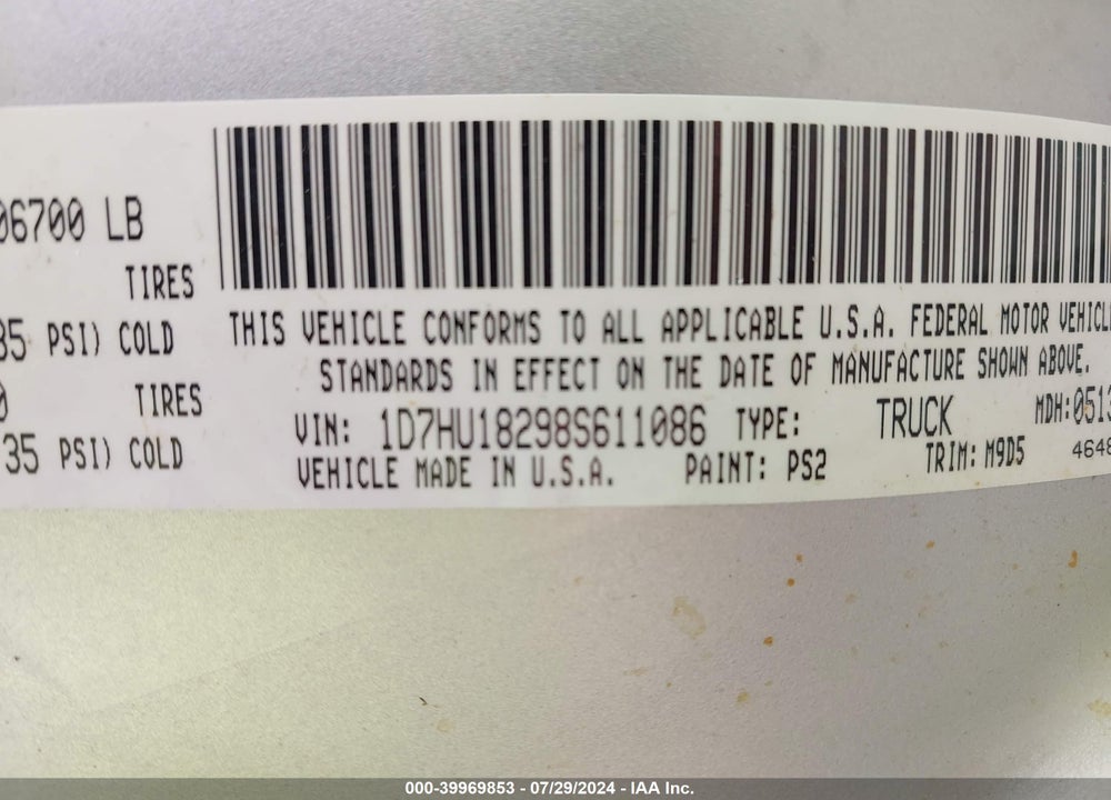 2008 DODGE RAM 1500 SLT VIN: 1D7HU18298S611086