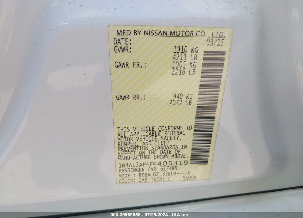 2015 NISSAN ALTIMA 2.5 S VIN: 1N4AL3AP4FN405319