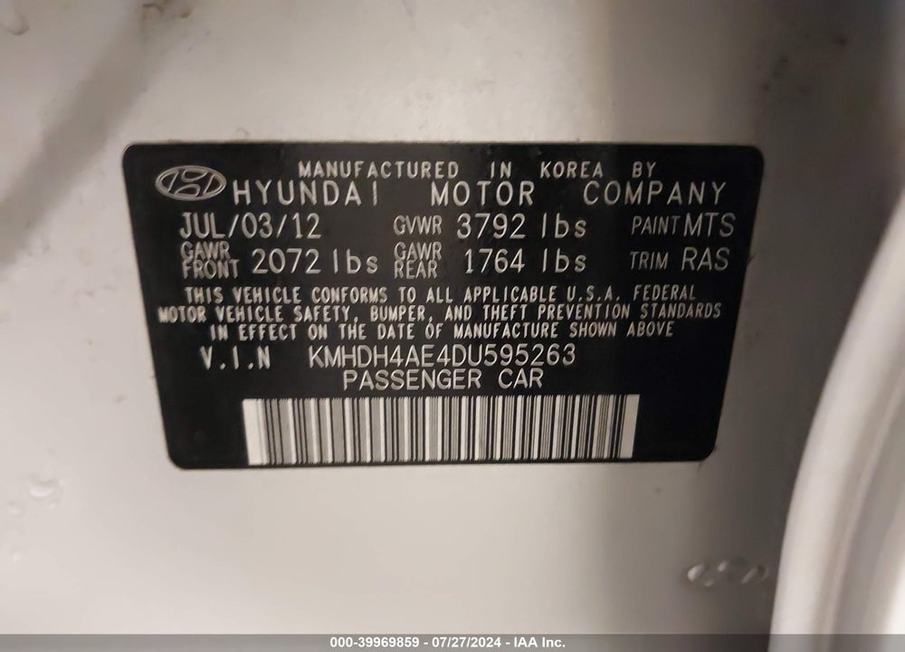 2013 HYUNDAI ELANTRA LIMITED VIN: KMHDH4AE4DU595263