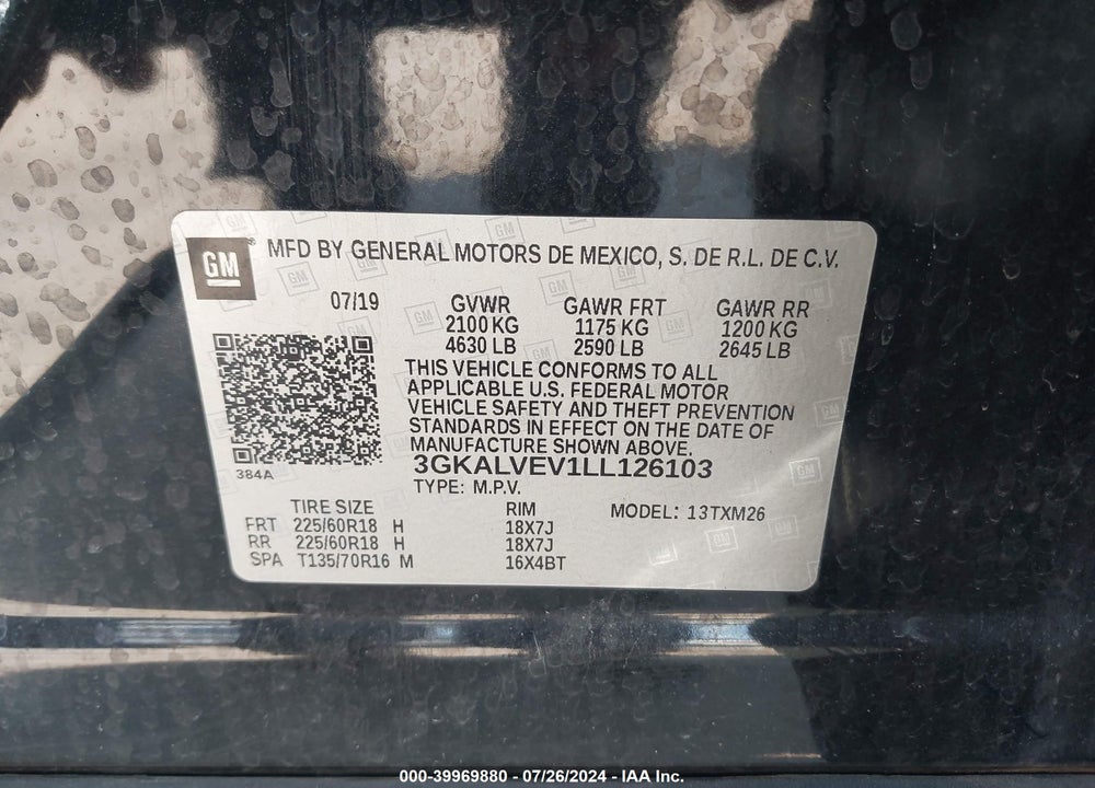 2020 GMC TERRAIN AWD SLT VIN: 3GKALVEV1LL126103