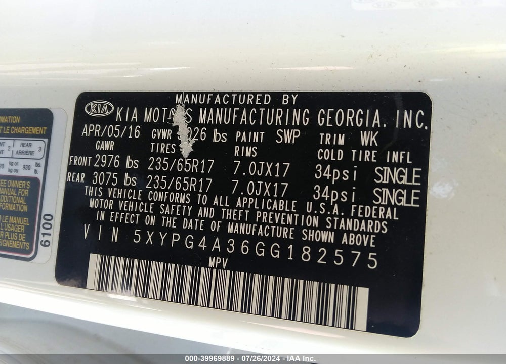 2016 KIA SORENTO 2.4L LX VIN: 5XYPG4A36GG182575
