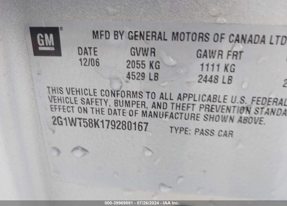 2007 CHEVROLET IMPALA LT VIN: 2G1WT58K179280167