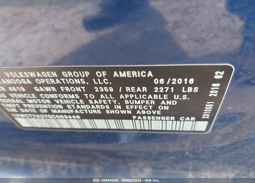 2016 VOLKSWAGEN PASSAT 1.8T SEL VIN: 1VWCT7A37GC063446