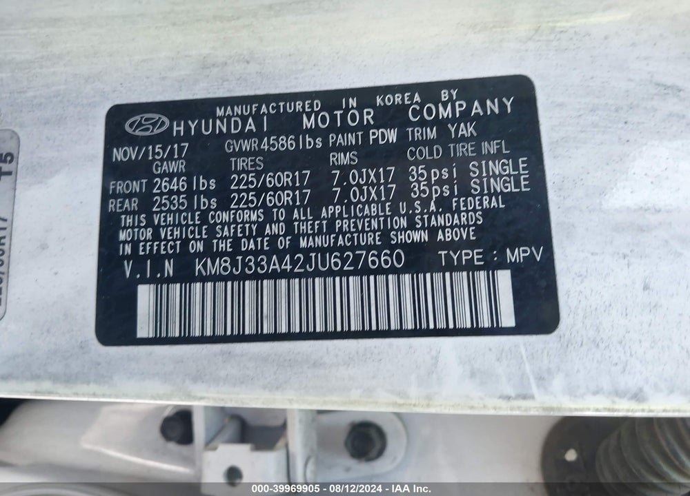 2018 HYUNDAI TUCSON VIN: KM8J33A42JU627660