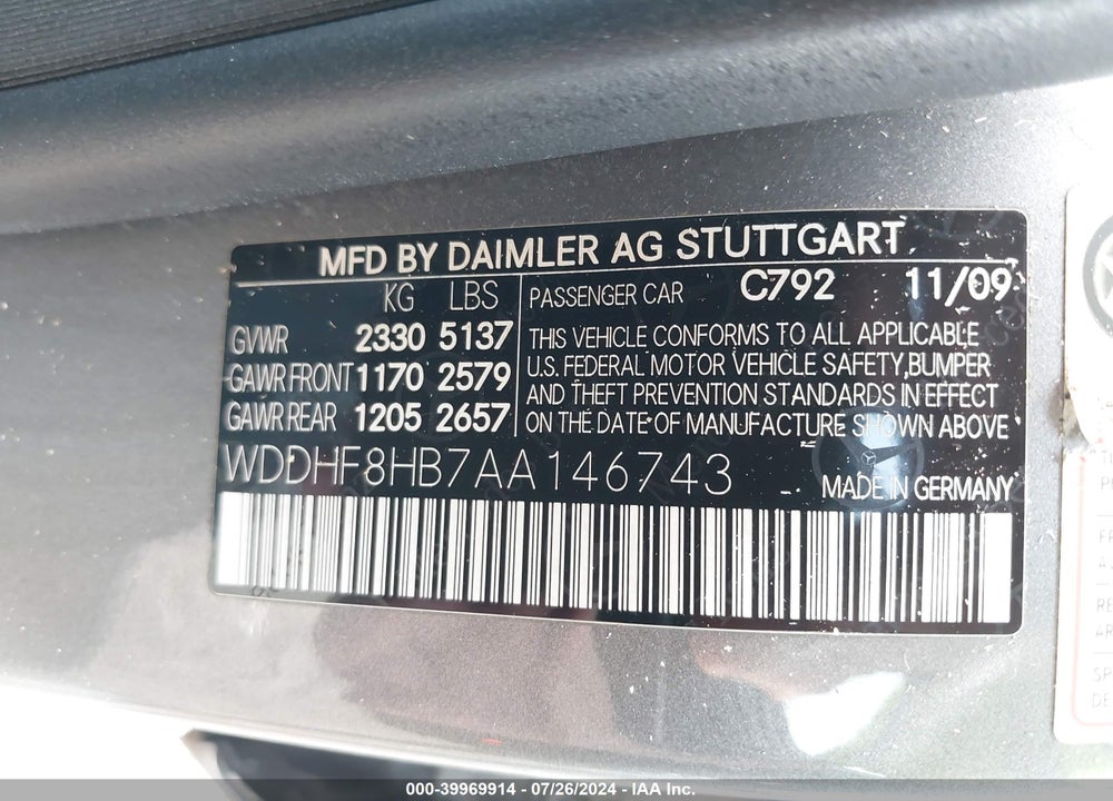 2010 MERCEDES-BENZ E 350 4MATIC VIN: WDDHF8HB7AA146743