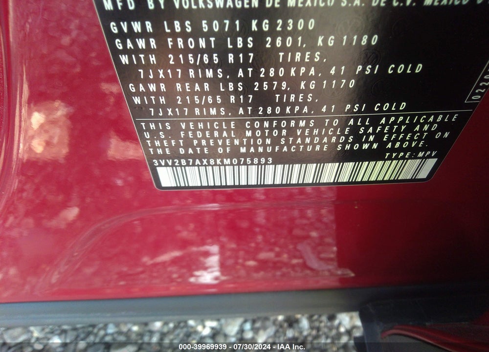 2019 VOLKSWAGEN TIGUAN 2.0T SE/2.0T SEL/2.0T SEL R-LINE/2.0T SEL R-LINE BLACK VIN: 3VV2B7AX8KM075893