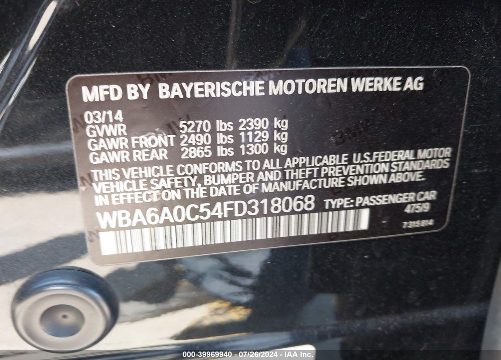 2015 BMW 640I GRAN COUPE VIN: WBA6A0C54FD318068