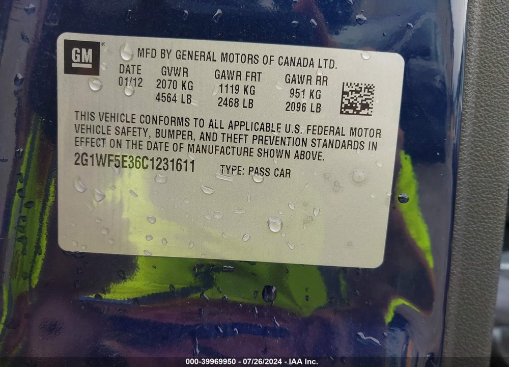 2012 CHEVROLET IMPALA LS VIN: 2G1WF5E36C1231611