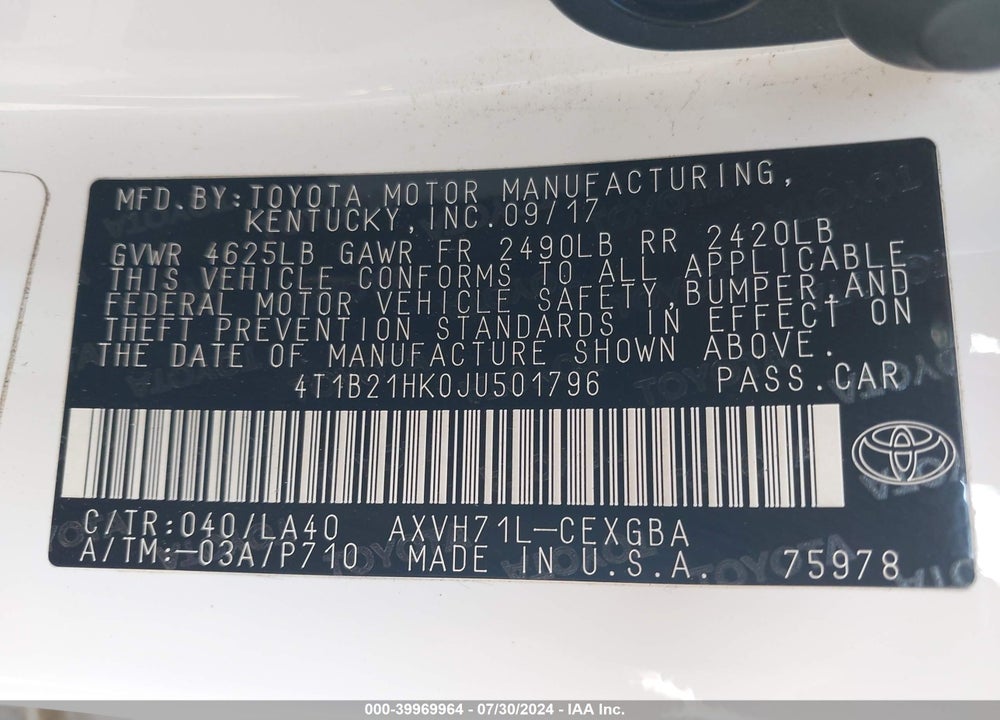 2018 TOYOTA CAMRY HYBRID LE/SE/XLE VIN: 4T1B21HK0JU501796