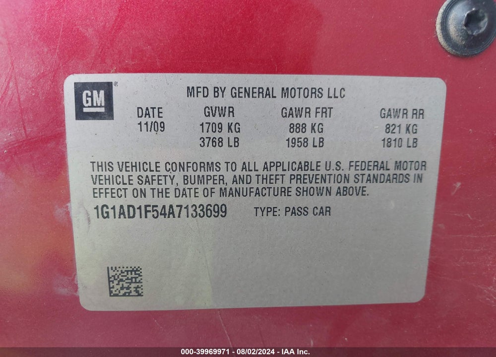 2010 CHEVROLET COBALT LT VIN: 1G1AD1F54A7133699