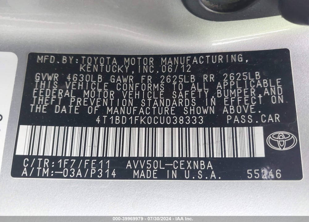 2012 TOYOTA CAMRY HYBRID LE VIN: 4T1BD1FK0CU038333