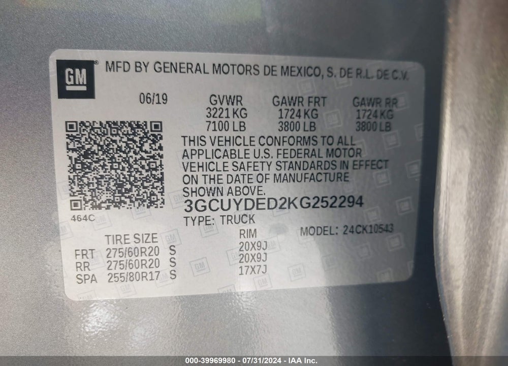 2019 CHEVROLET SILVERADO 1500 LT VIN: 3GCUYDED2KG252294