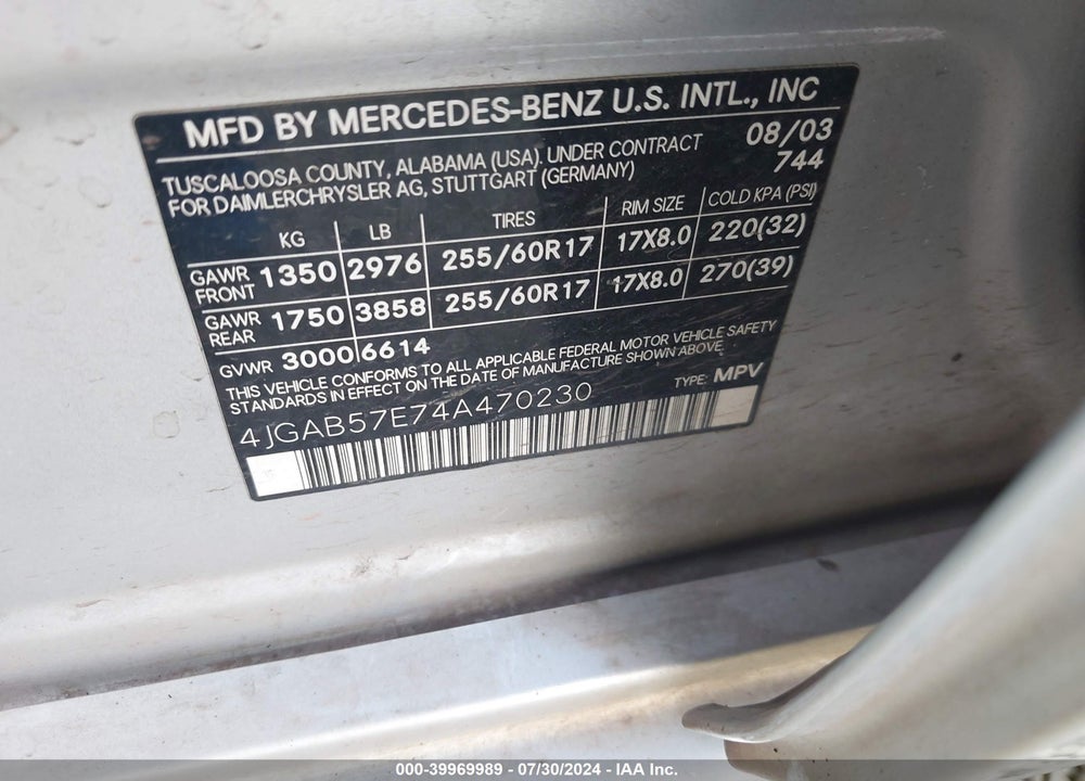 2004 MERCEDES-BENZ ML 350 4MATIC VIN: 4JGAB57E74A470230